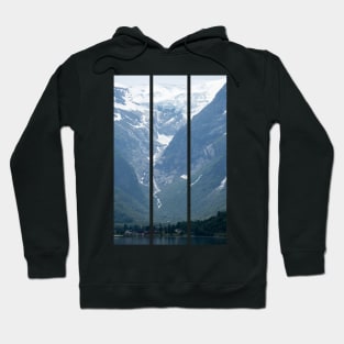 Wonderful landscapes in Norway. Vestland. Beautiful scenery of Briksdalsbreen glacier in Briksdalbre. Oldevatnet lake. Mountains, rocks and snow. Cloudy day(vertical) Hoodie